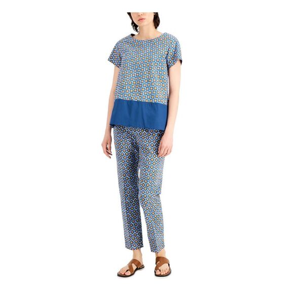 MAX MARA WEEKEND Tops - MAX MARA WEEKEND Womens Blue Printed Short Sleeve Crew Neck Top 10